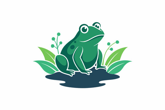 Green frog sitting in water with plants silhouette isolated on white background