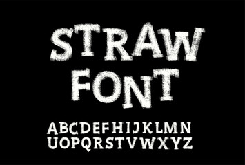 Fototapeta premium Straw grunge capital letters, vector distressed alphabet. Stencil graffiti font. Bold brush drawn uneven strokes typography old typeface. White ink dirty texture capital letters. Punk style alphabet.