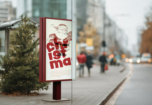Urban street billboard mockup with Christmas tree