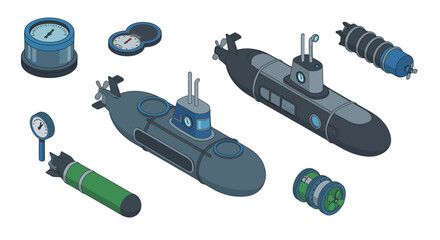 Isometric submarine elements and components with nautical instruments
