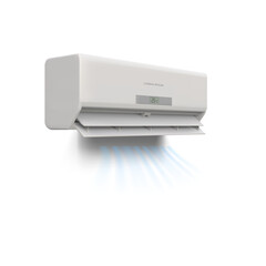 Modern white air conditioning unit emitting cool blue air with adjustable louvers in a clean studio setting