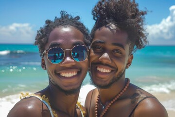 Obraz premium Two young men smiling together at the beach