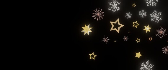 Elegant winter background with gold stars and snowflakes on black. Perfect for holiday cards, websites, and more.