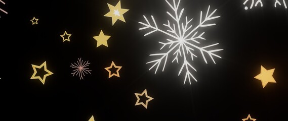 Beautiful winter design featuring golden stars and a snowflake on a black background. Perfect for holidays.