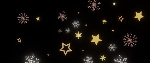 Beautiful winter background with gold stars and snowflakes on a black background. Perfect for holidays.