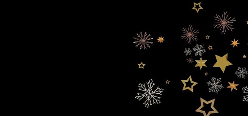 Beautiful festive background with gold stars and snowflakes on black. Perfect for winter holidays, cards, and more.