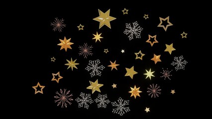 Beautiful image of gold stars and snowflakes on a black background. Perfect for holiday designs, cards, and more.