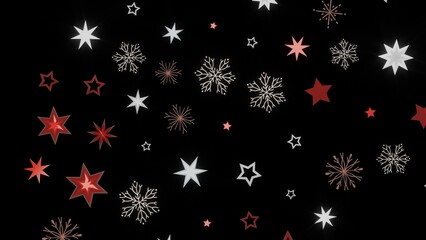 Festive winter background featuring red and white stars and snowflakes on a black background. Perfect for Christmas and New Year designs.