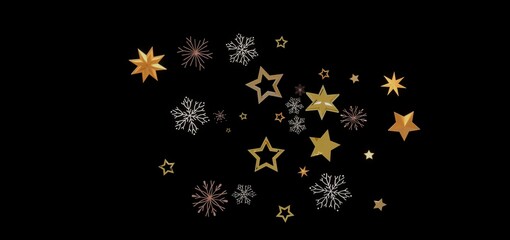 Beautiful image of golden stars and snowflakes on a black background, perfect for Christmas, New Year, and winter holidays.