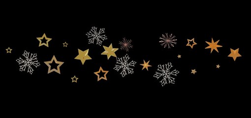 Beautiful festive background with gold stars and snowflakes on black. Perfect for Christmas, New Year, and winter holidays.