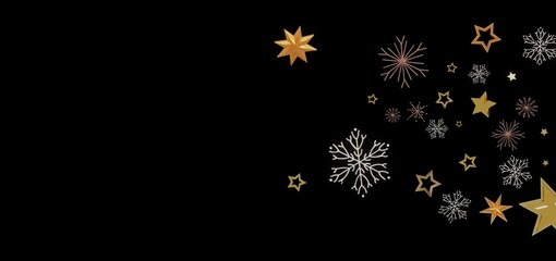 Festive background with gold stars and snowflakes on a black background. Perfect for Christmas, New Year, or winter holidays.