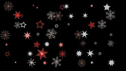 Festive winter background with red and white stars and snowflakes on a black background. Perfect for Christmas, New Year, and winter holidays.