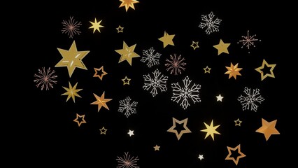 Beautiful image of gold stars and snowflakes on a black background. Perfect for Christmas, New Year, winter holidays.