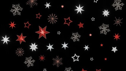Festive holiday background with red and white stars and snowflakes on a black backdrop. Perfect for Christmas or winter designs.