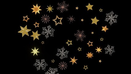 Beautiful image of gold stars and snowflakes on a black background, perfect for Christmas or New Year's designs.