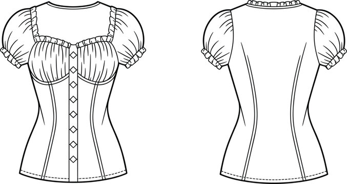 Women’s blouse fashion illustration, puff sleeve top with square ruffled neckline, front and back technical view, garment construction vector sketch