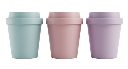 Set of three pastel-colored reusable coffee cups in blue, pink, and purple, eco-friendly drinkware perfect for sustainable living and daily use