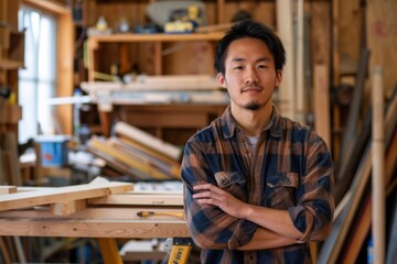 Young man standing confidently in a woodworking shop