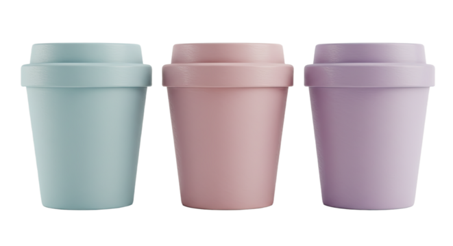 Set of three pastel-colored reusable coffee cups in blue, pink, and purple, eco-friendly drinkware perfect for sustainable living and daily use