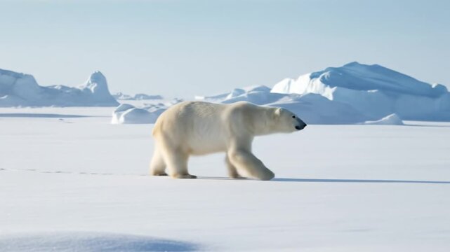polar bear walking on ice in cold weather conditions