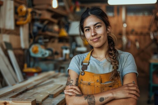 Young woman smiling confidently in a workshop - Powered by Adobe