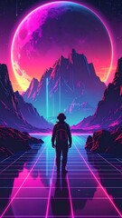 Naklejka premium A solitary figure walks down a neon-grid pathway towards a massive planet and mountain range, bathed in vibrant pink and blue light