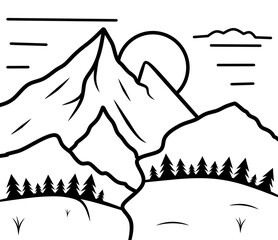 Peaceful mountain adventure line art