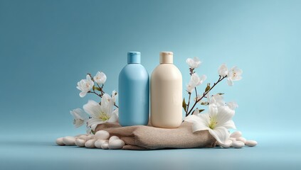 Two cylindrical bottles, light blue and beige, rest on a beige fabric base adorned with white blossoms and smooth white stones against a light blue backdrop.  A minimalist, clean aesthetic