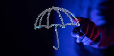 A hand reaching out to touch a virtual umbrella, symbolizing insurance, protection, and security...