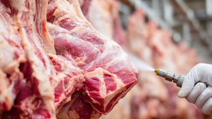 In a vibrant meat processing facility, workers employ high-tech equipment to spray meat cuts, ensuring hygiene and quality. The bustling environment showcases a vital industry