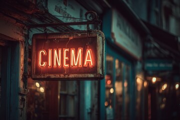 Old neon sign showing cinema on an urban street at night