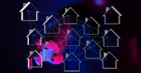 Abstract concept of connected homes and real estate network. Illustrates smart home technology, digital networking and property management conce