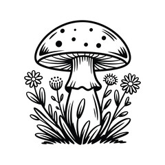 Whimsical hand drawn black and white mushroom surrounded by delicate wildflowers