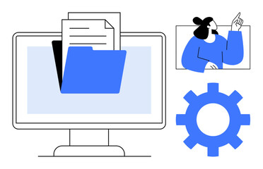 Folder and documents on computer screen, user interaction, gear symbol for settings. Ideal for organization, document storage, teamwork, management, data workflow, education simple flat metaphor