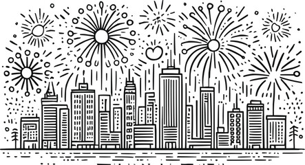 Line art illustration of New Year’s Eve celebration with fireworks over city skyline