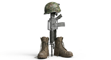 Fallen Soldier Battle Cross Memorial 3D Render Tribute

Realistic 3D Illustration of Military Boots, Rifle, and Helmet

Veterans Day Commemoration: Soldier's Cross Grave Marker