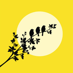 Creative design vector art of silhouette of three birds perched on a tree branch against a bright yellow background with a large white circle