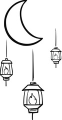 Line art illustration of moon and lanterns