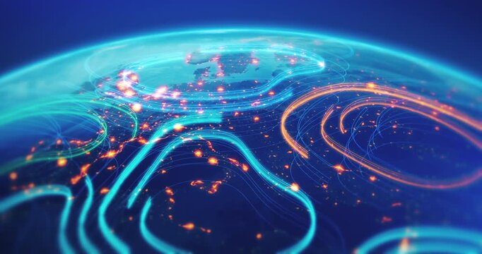 Planet Earth with flowing fiber optic style data movement animation. Technology related 3d animation.
