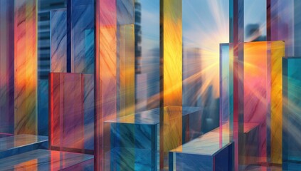Vibrant, translucent glass prisms form an abstract cityscape at sunrise, reflecting warm light and a blurred city skyline
