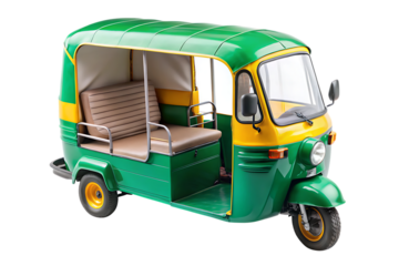Auto rickshaw, green and yellow with brown seats and metal accents, cutout, PNG, isolated on white or transparent background, AI