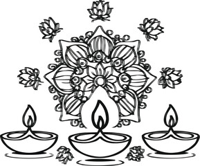Line art illustration of Diwali night celebration with glowing diyas