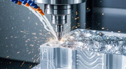 Metalworking cnc milling machine cutting metal part with coolant modern industrial technology metalworking industry concept