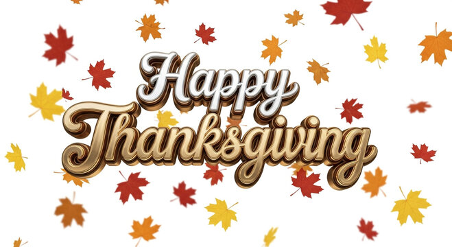 3D Metallic "Happy Thanksgiving" Text with Falling Leaves

Premium Gold and Silver Script for Holiday Greeting Banner

Elegant Thanksgiving Typography with Autumn Foliage Background
