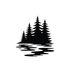 Obraz premium Silhouette of evergreen trees reflected in water on a white background