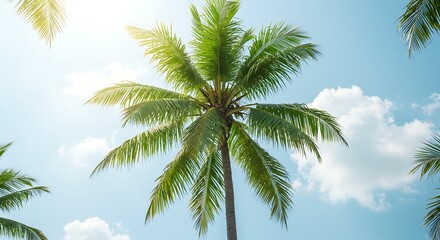 Palm tree reaching towards sun with blue sky and white clouds overhead