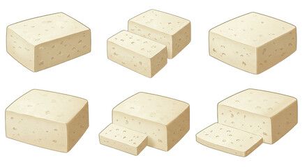 Set of white tofu blocks with varying sizes isolated on white background, perfect for food, cooking, and vegetarian recipe illustrations