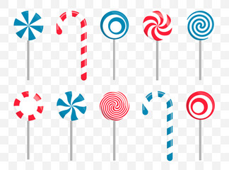 Obraz premium Christmas candy and lollipop collection with striped red and blue sweets. Holiday treats and peppermint patterns for festive projects
