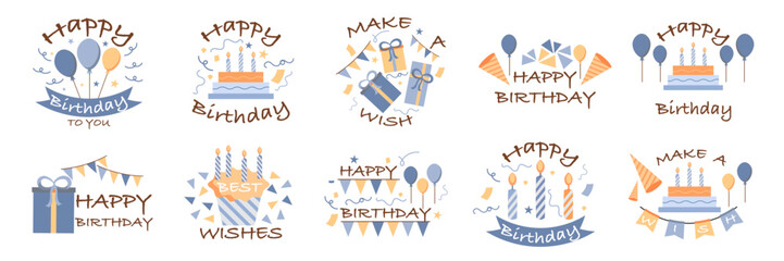 Happy birthday label collection with cake, balloons, and confetti