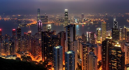 Obraz premium Cityscape at night with illuminated buildings and water view